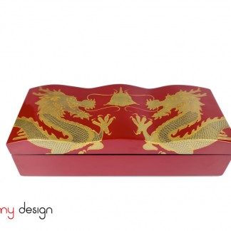 Red rectangular lacquer box with wavy lid hand-painted dragons 12x30xH8 cm